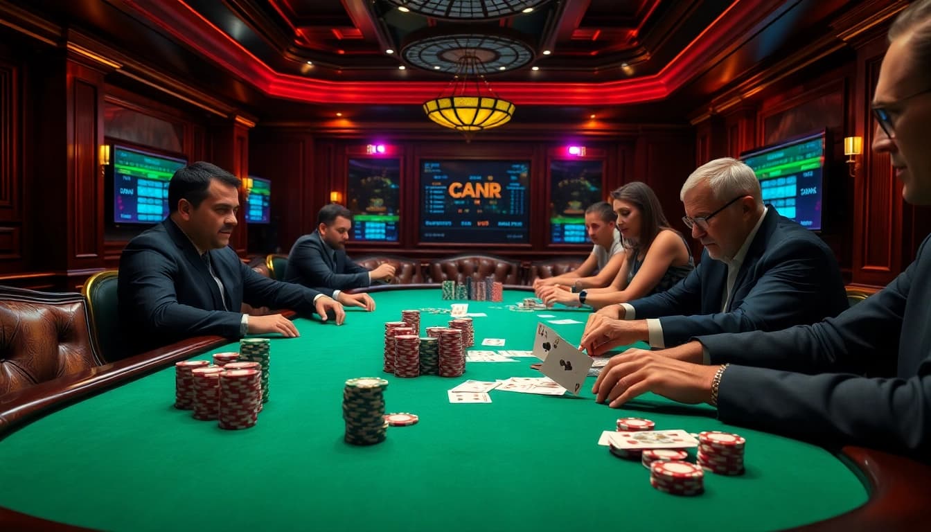 Exciting poker game with vibrant chips and cards at a luxury casino table