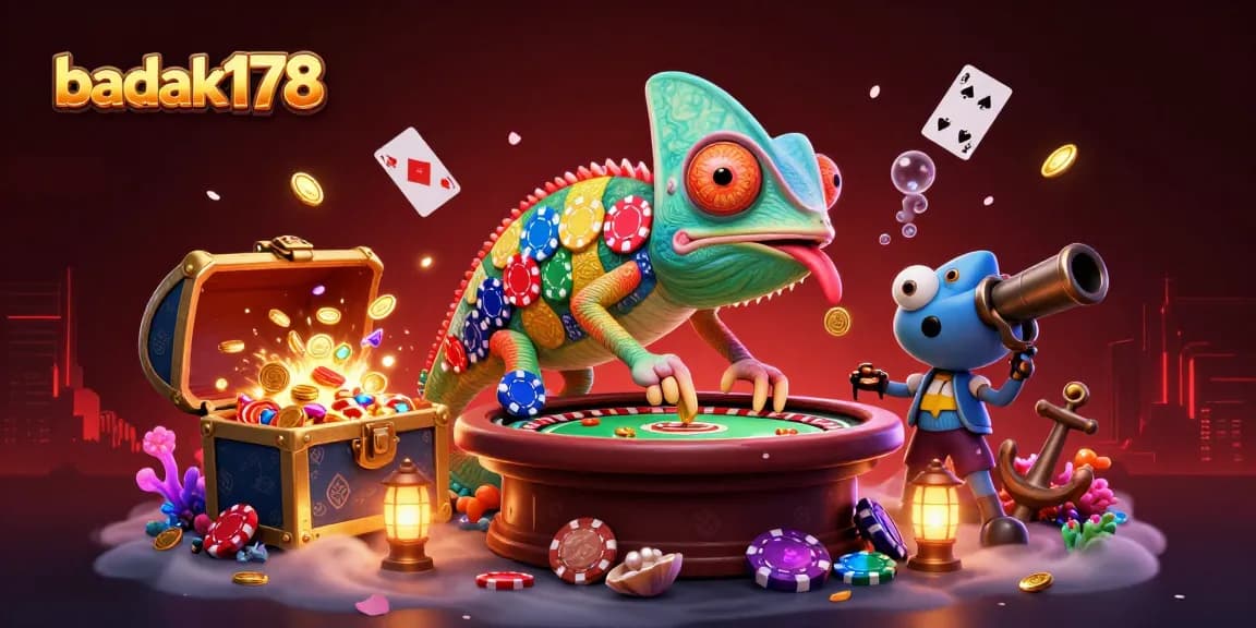 Engaging scene featuring chameleon casino owner and game elements promoting badak178 gaming.