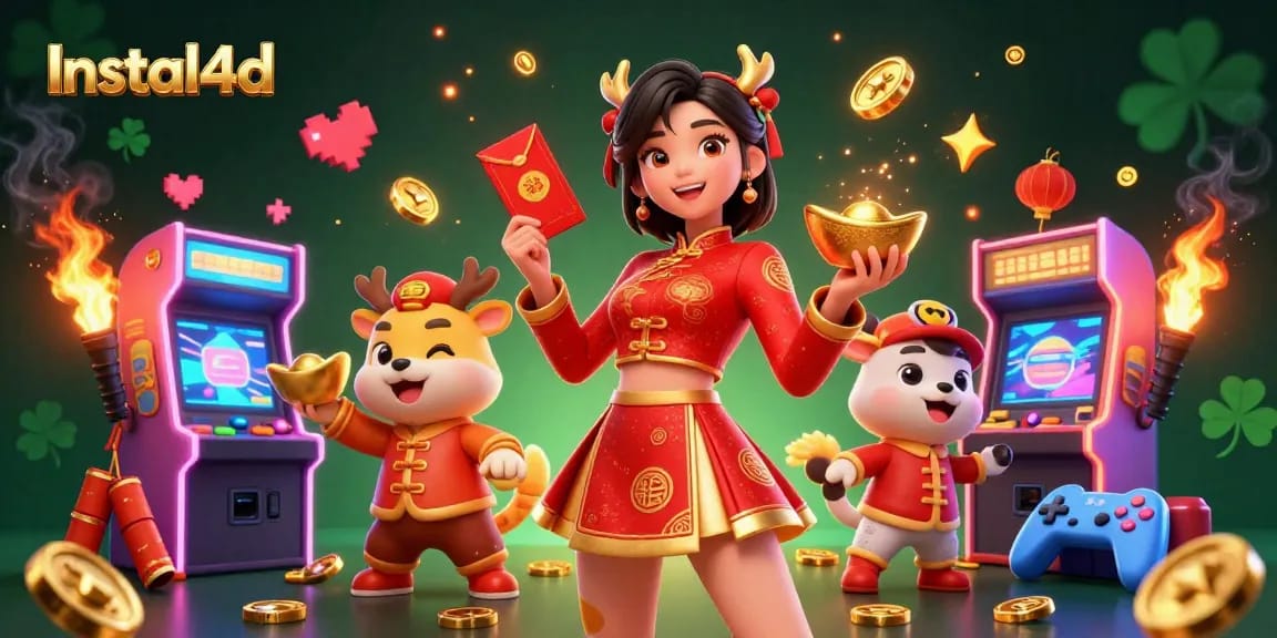 Experience Instal4d's vibrant online casino with exciting slot elements and festive themes in a colorful 3D illustration.