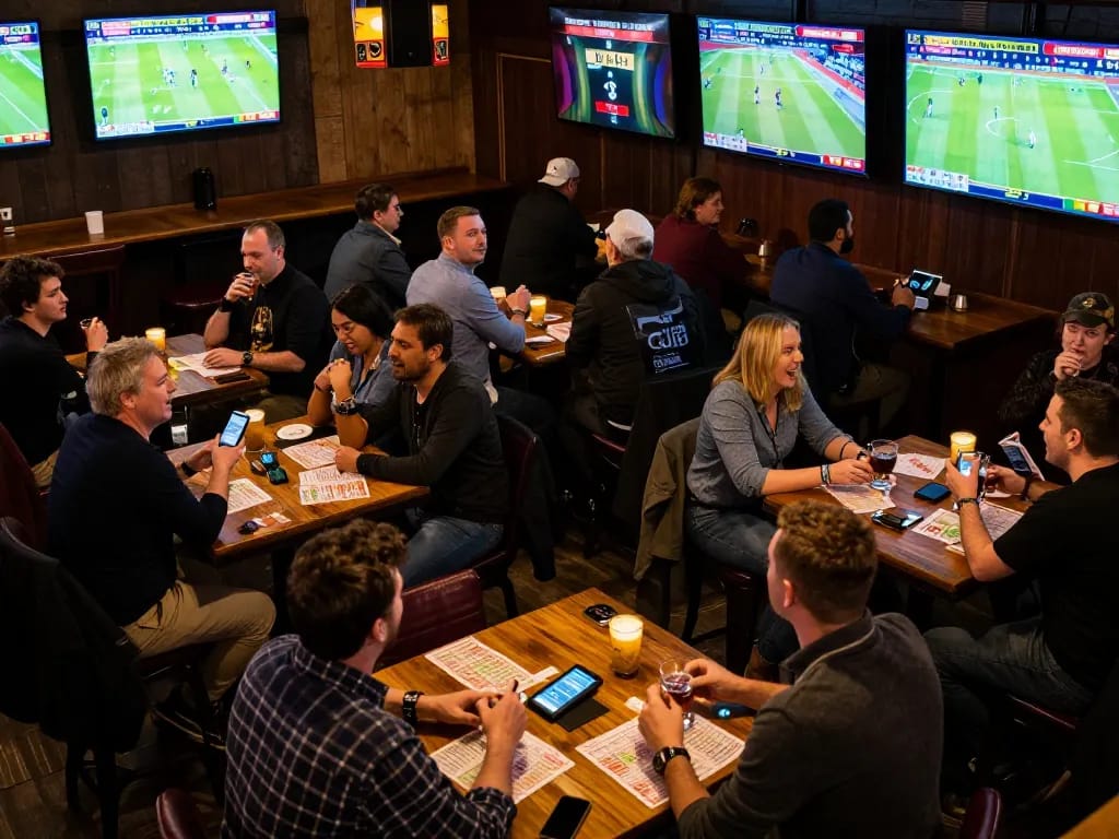 Xoilac fans engaging in live sports betting action, cheering, and placing bets in an animated atmosphere.