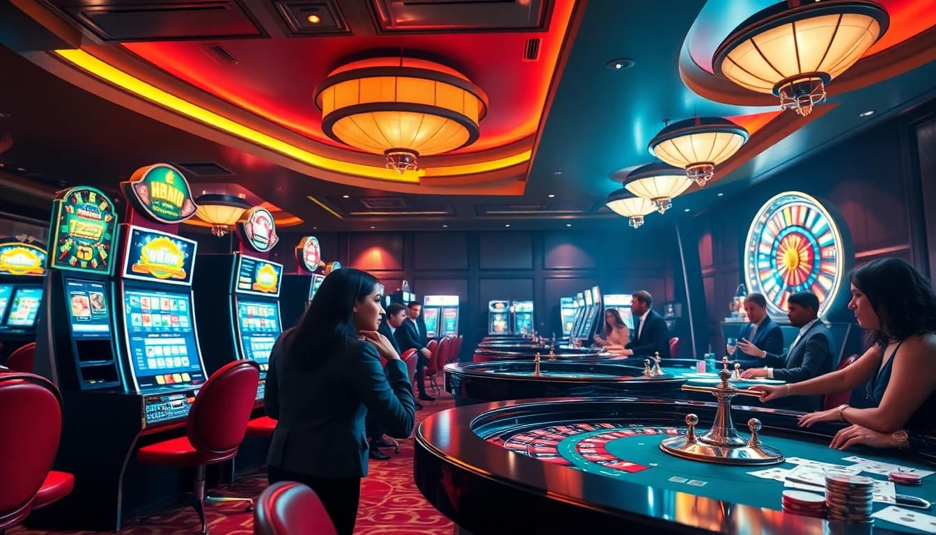 A lively casino scene at nohu90 with players enjoying slot machines and roulette, exuding excitement.