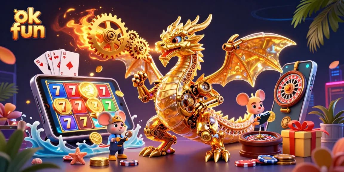 Experience thrilling casino action with ok fun's colorful slot games amid a vibrant 3D fantasy setting.