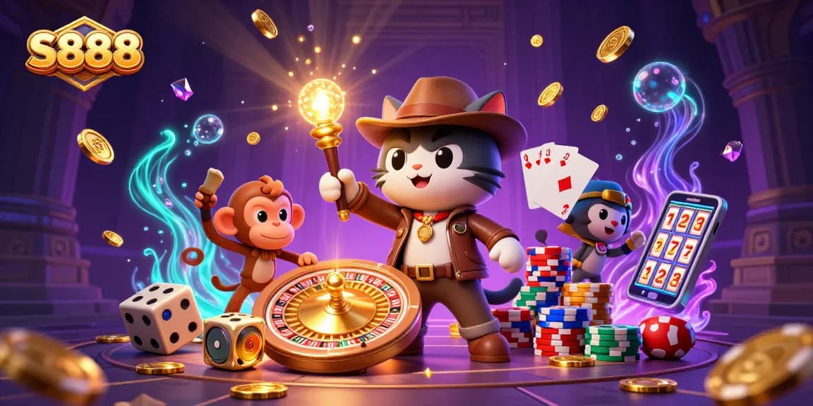 Experience the excitement of S888 with a 3D cartoon scene featuring a cat and monkey amid casino treasures.