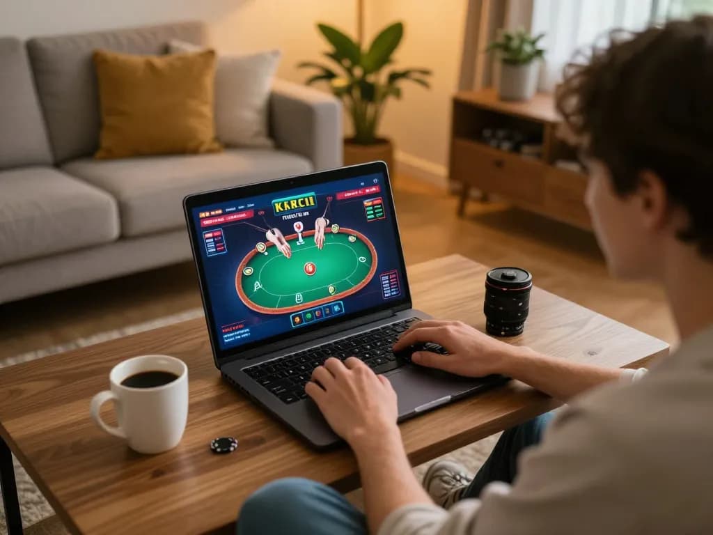 Player enjoying the ALO8 online casino experience on a laptop with poker game displayed.