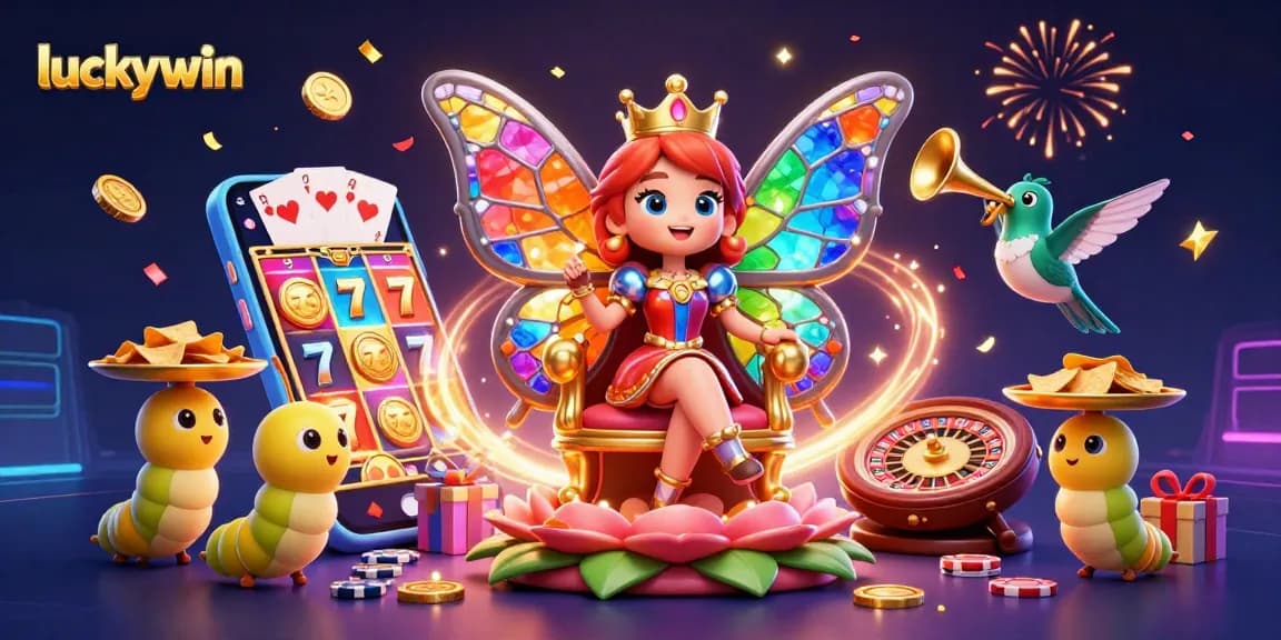 Luckywin's vibrant casino scene with a butterfly queen and dynamic gaming elements.