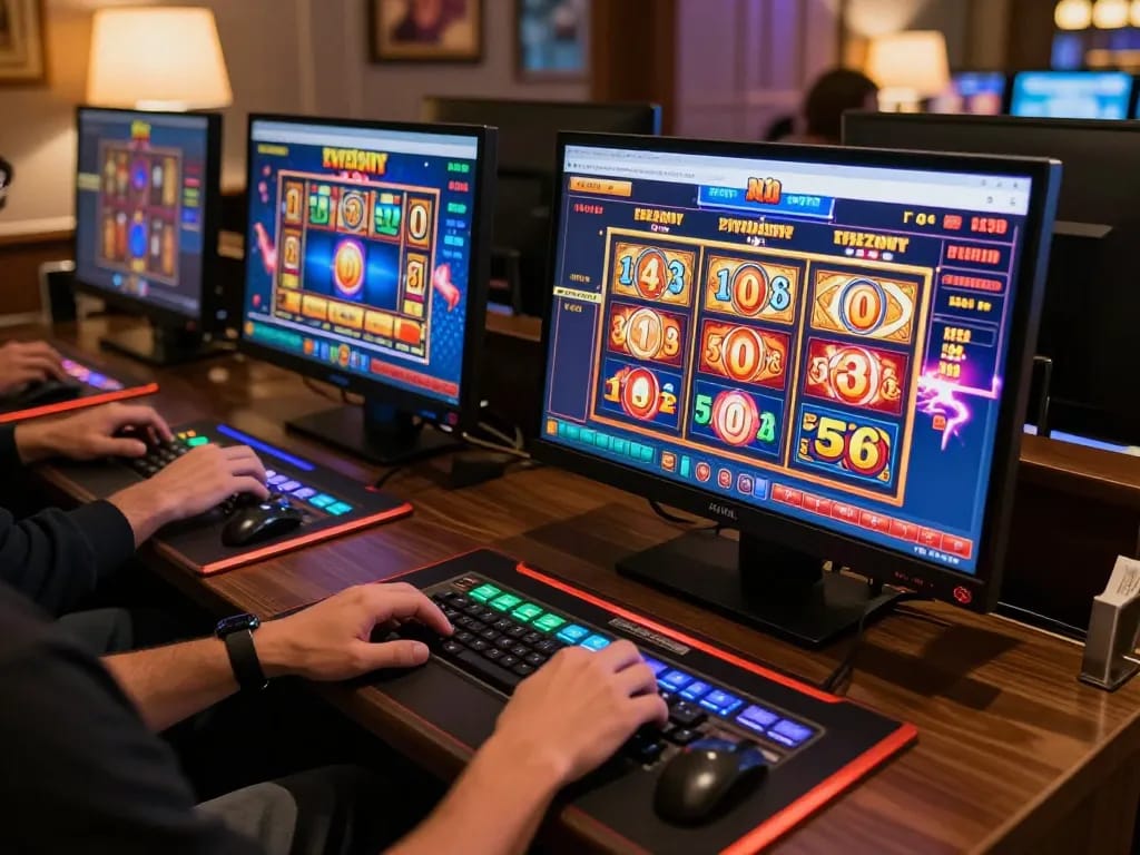 Players engaging with slot games at LV88, showcasing vibrant digital graphics and an inviting home atmosphere.