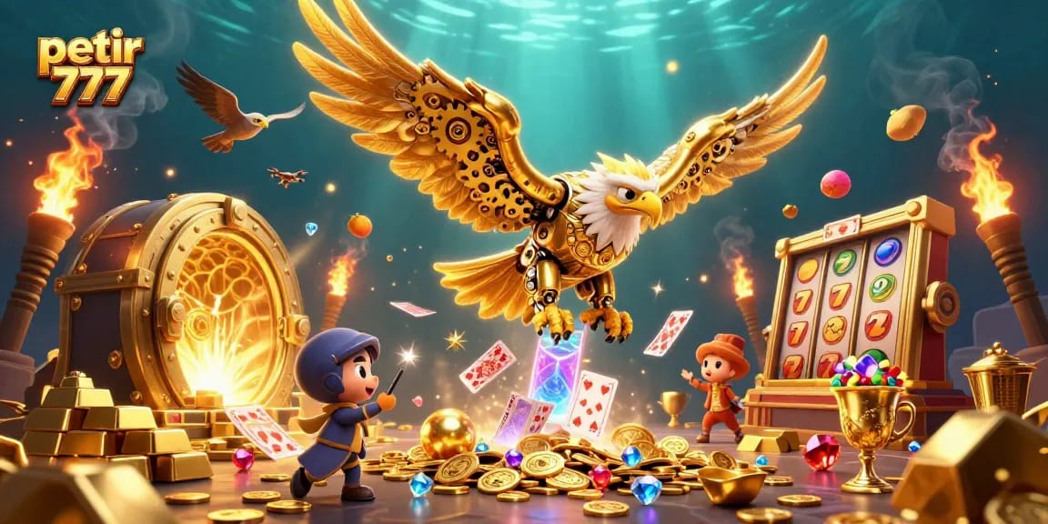Experience exciting wins with petir 777 in this dynamic casino 3D illustration filled with slot elements.