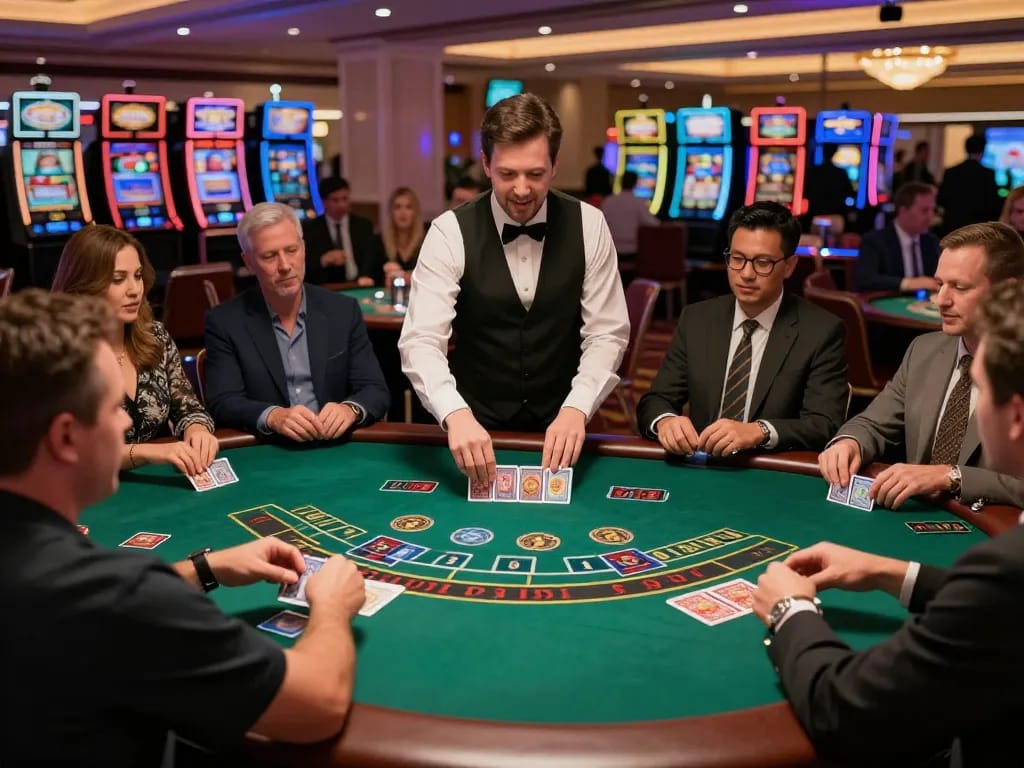 Engaged players at the fun79 blackjack table strategizing their next move in a vibrant casino.