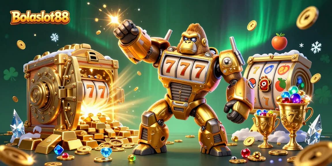 Bolaslot88 showcases a dynamic 3D scene with a golden gorilla mech and slot machine elements amidst riches.