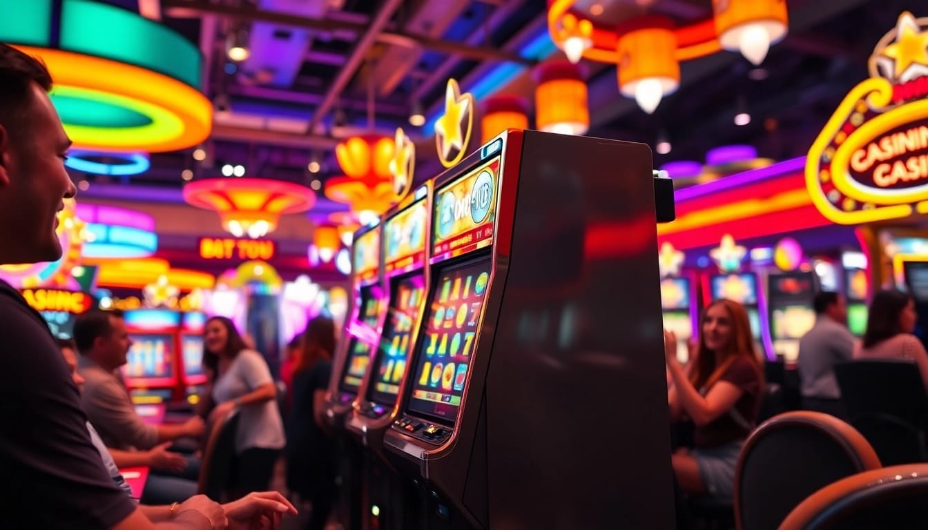 Slot mesin yang menarik dan pemain terampil di kasino, menarik perhatian pengunjung.