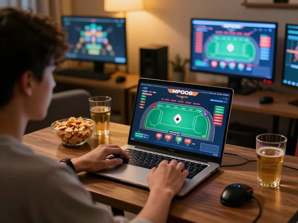 MPO08 players strategizing poker game in a cozy home setup with creative snacks.