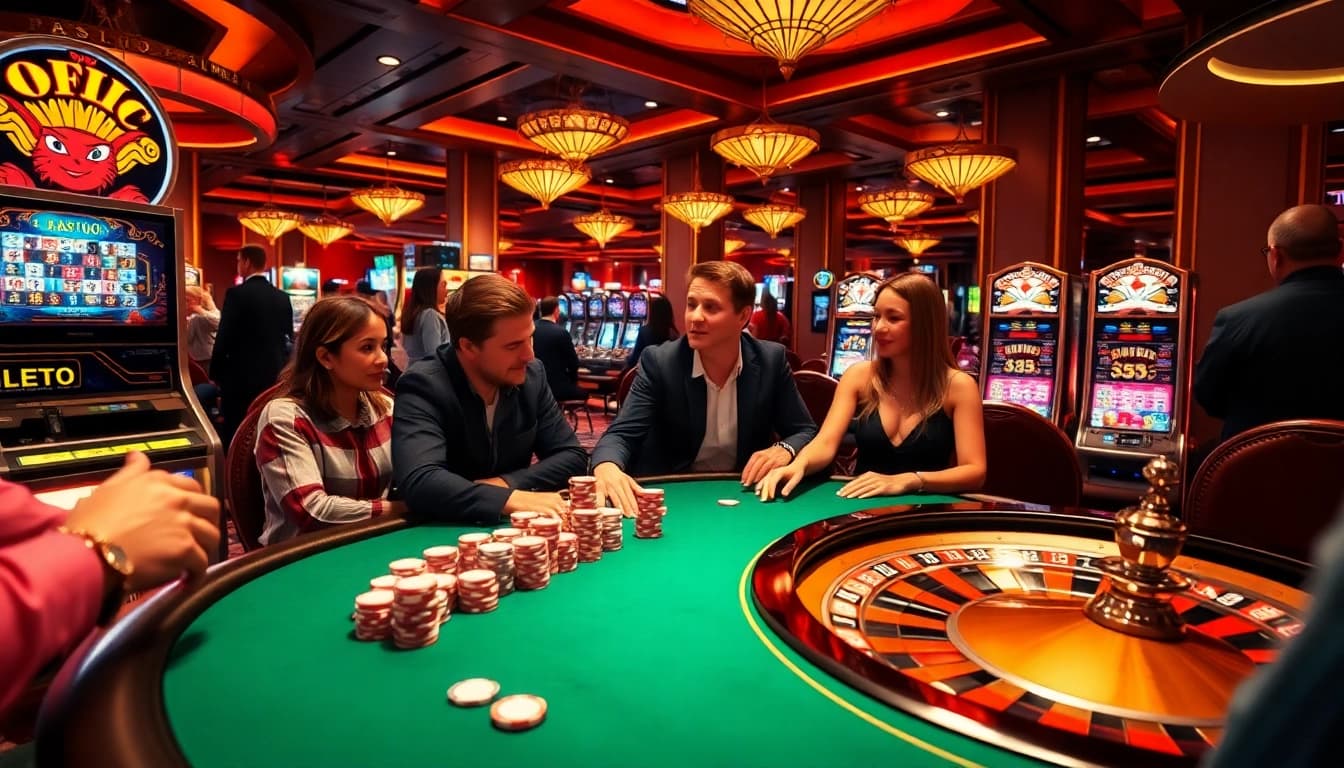 S8 casino players strategizing at a stylish poker table, surrounded by vibrant slot machines.