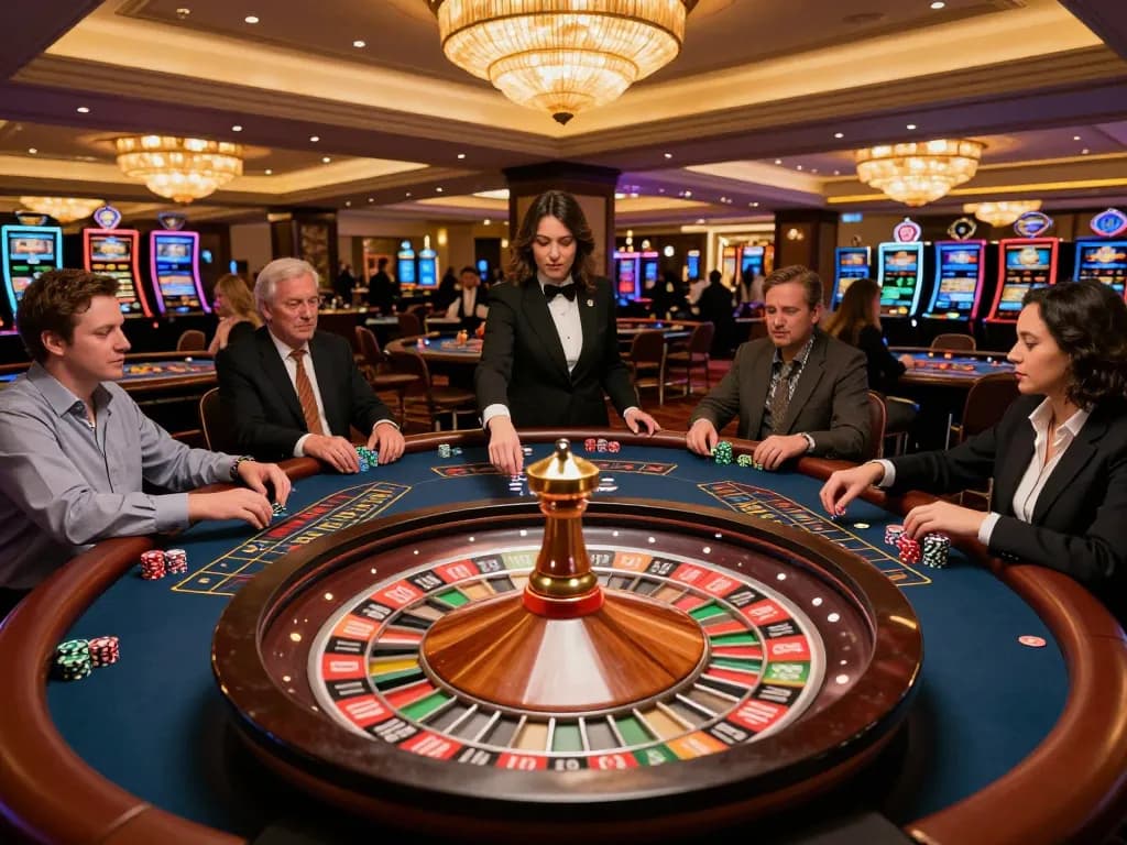 The thrill of placing bets at tg88 roulette table in a bustling casino, with players engaged and croupier spinning.