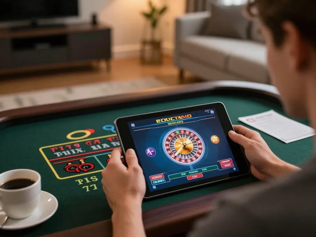 Engaging live casino action with SC88 Link displayed on tablet, showcasing roulette gameplay in a cozy home setting