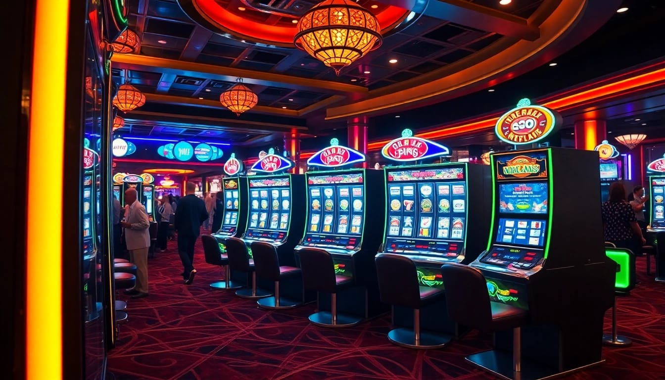putaran slot di mesin kasino dengan lampu cerah dan suasana yang menggairahkan.