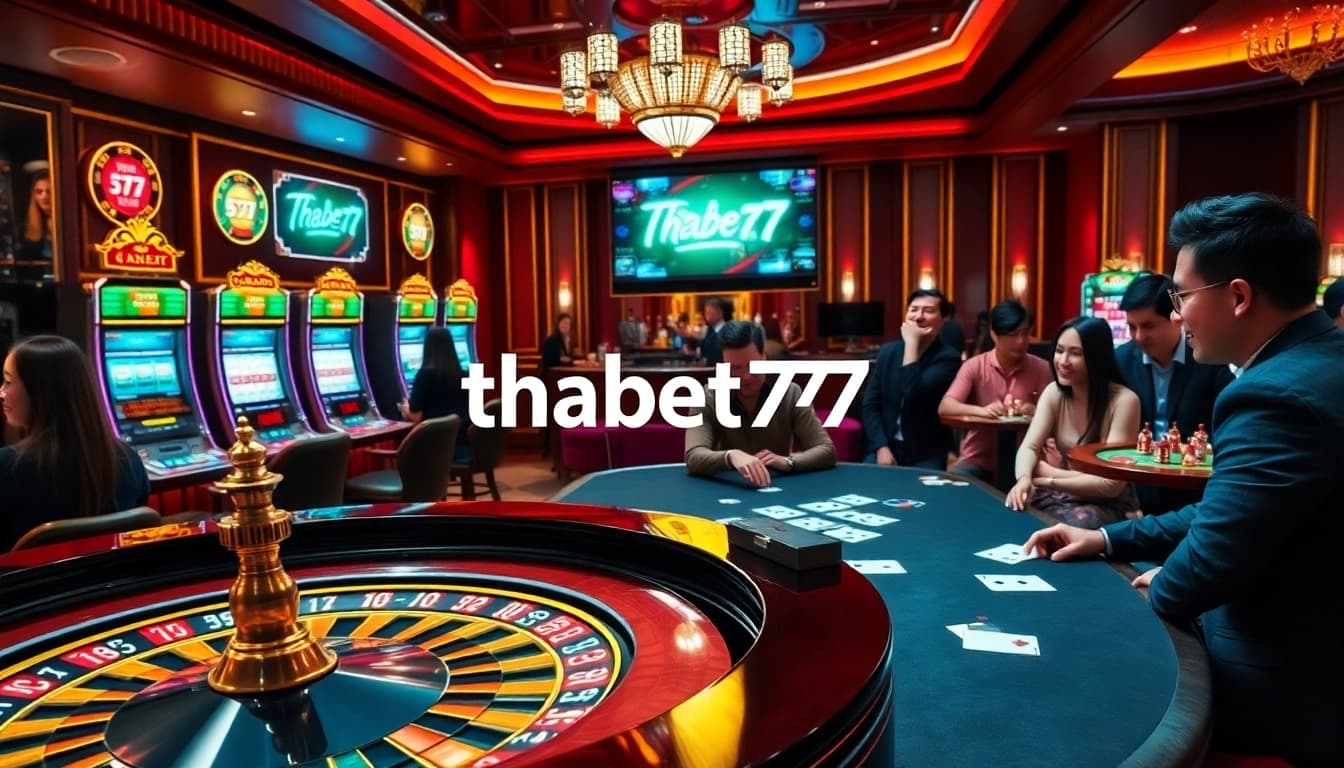 Excited players engaging at a luxurious thabet777 casino, featuring vibrant slot machines and roulette.