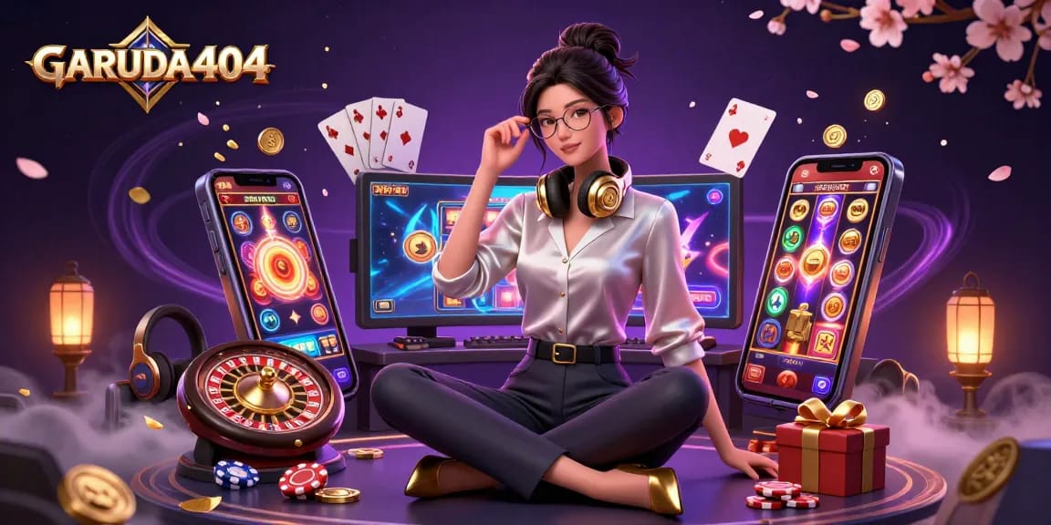 Experience dynamic gaming with GARUDA404 featuring a professional gamer, slot games, and casino elements.
