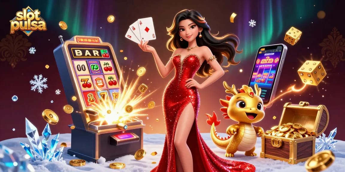 Experience the excitement of slot pulsa with a 3D scene bursting with casino joy and vibrant game elements.