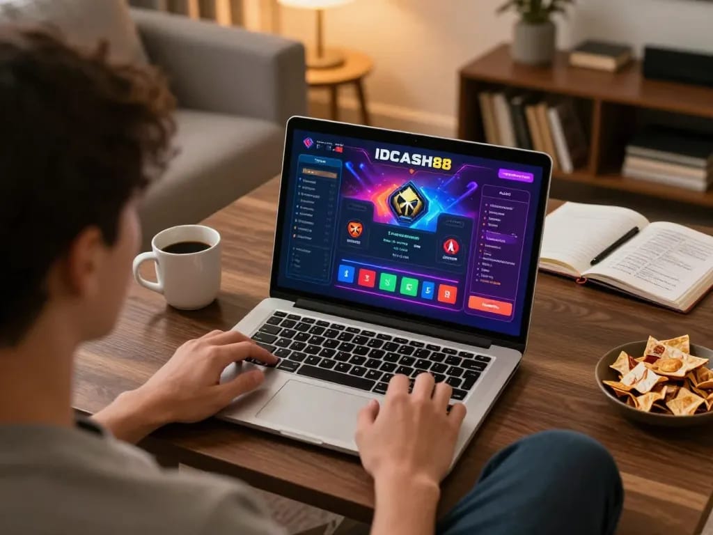 Engaged gamer using IDCASH88 platform on a laptop in a cozy living room