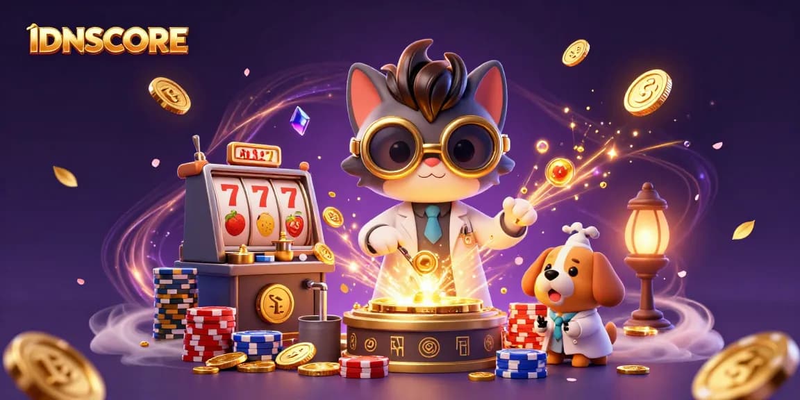 Engage with thrilling IDNSCORE gameplay featuring a cartoon scientist and assistant amidst a dynamic casino setting.
