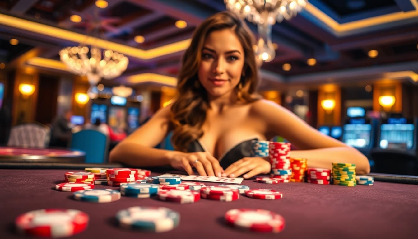 Kutu4d sedang dimainkan di meja poker dengan chip berwarna-warni dan kartu bersinar.