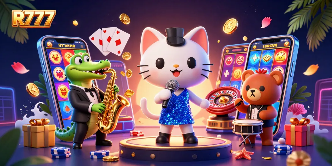 Engage in R777's vibrant online gaming atmosphere with lively characters and dynamic casino elements.
