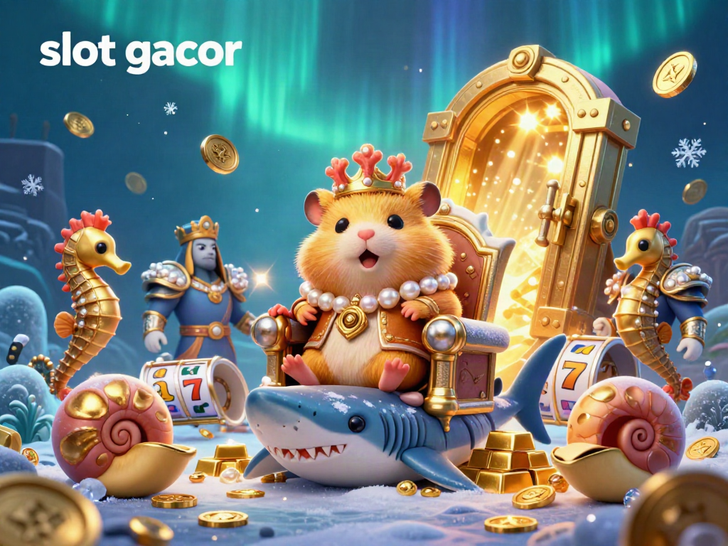 Engage in the excitement of slot gacor with a vivid underwater scene featuring a golden hamster king atop a shark tooth throne.