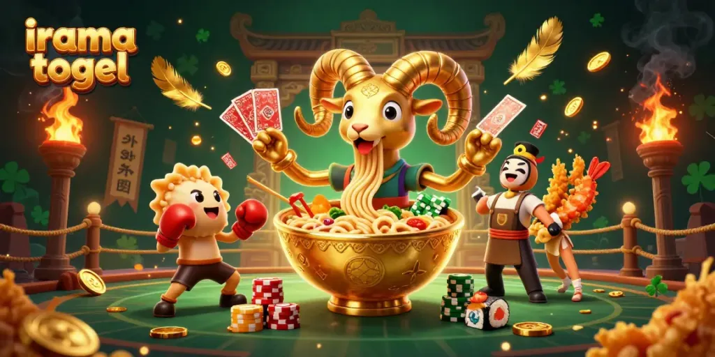 Engage with irama togel in an exciting 3D casino-themed scene full of animated characters and golden elements.