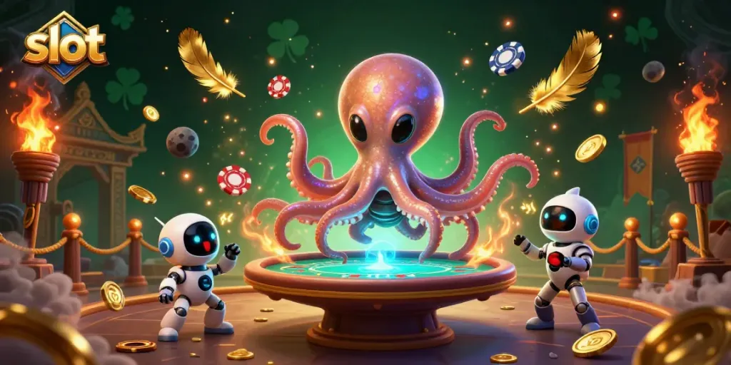 Putar slot dengan alien dan robot sambil mengorbitkan chip poker di suasana kasino