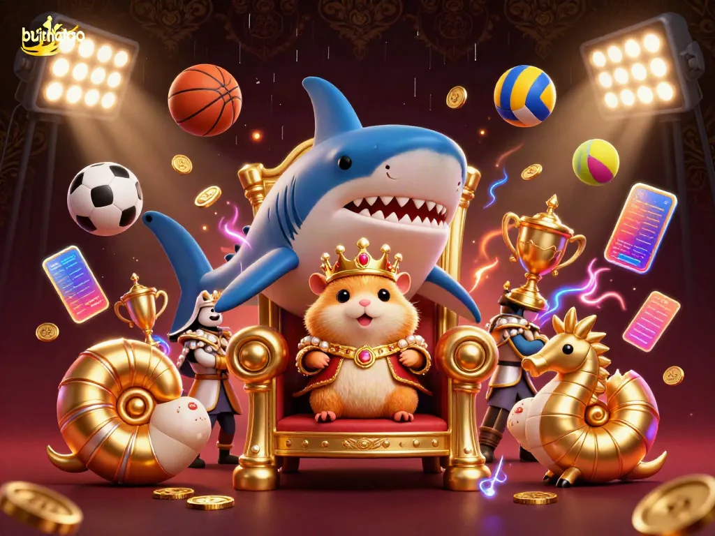 Engage with bujangtoto's dynamic casino scene featuring a hamster king, sports elements, and vibrant animations.