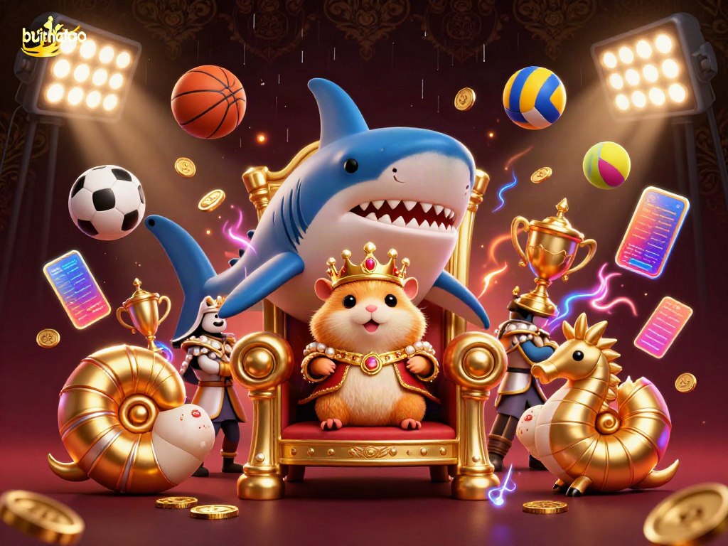 Engage with bujangtoto's dynamic casino scene featuring a hamster king, sports elements, and vibrant animations.