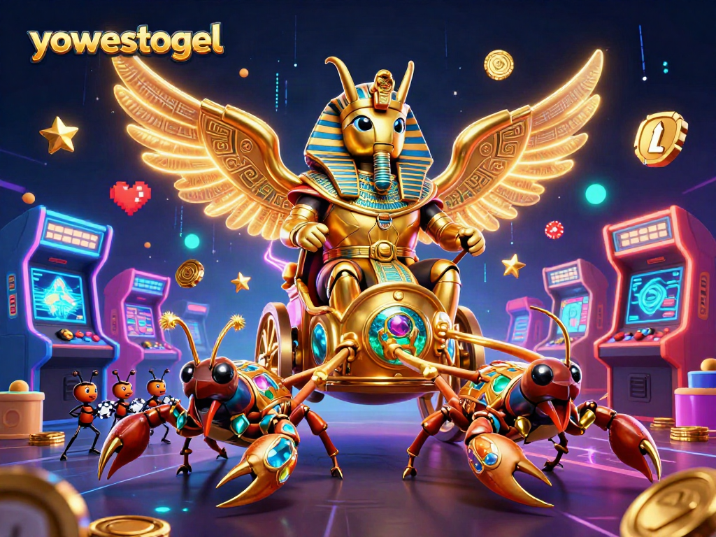 Engage with yowestogel's vibrant gaming scene featuring a golden scarab beetle and casino excitement.