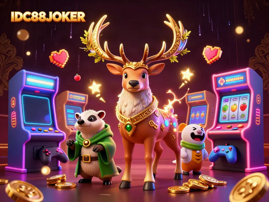 Engage in thrilling slots action at IDC88JOKER with a captivating 3D illustration featuring vibrant gaming elements.