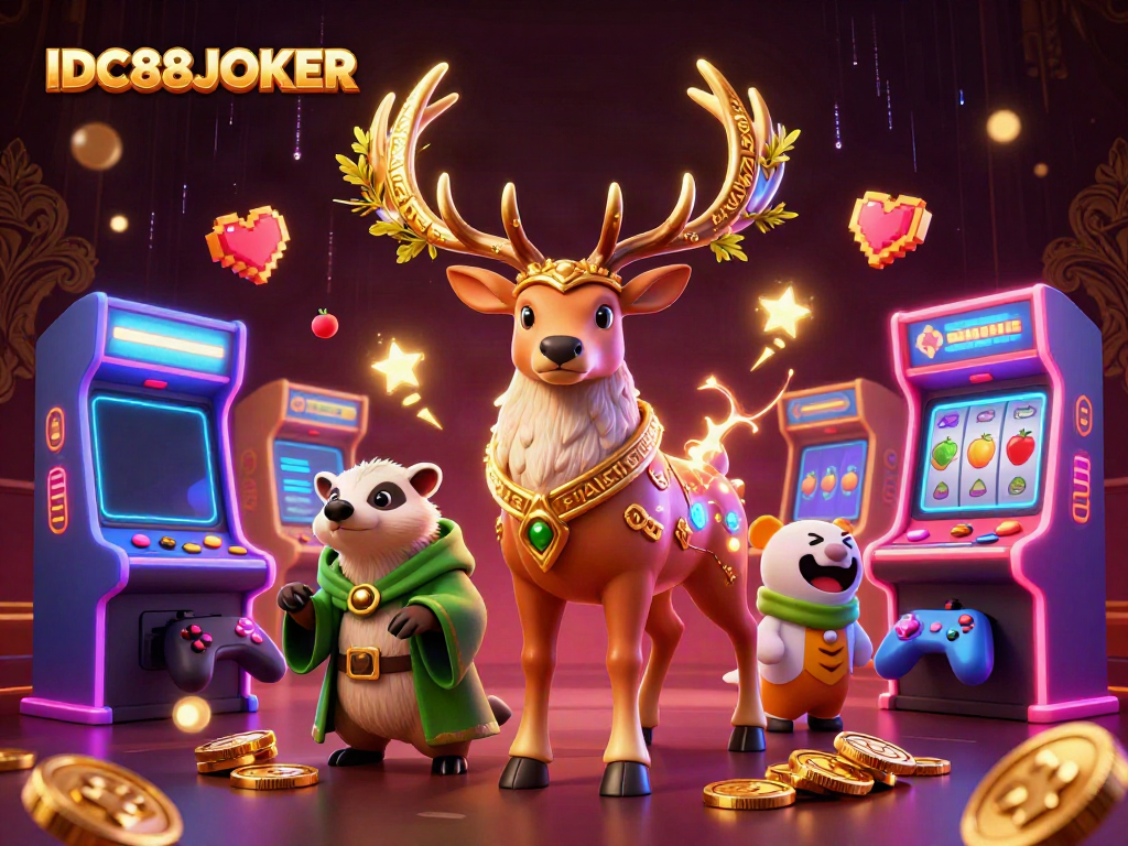 Engage in thrilling slots action at IDC88JOKER with a captivating 3D illustration featuring vibrant gaming elements.