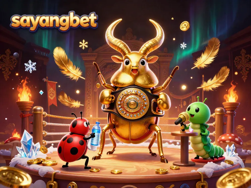 Engage with sayangbet as a golden stag beetle in a championship belt teams up with a tiny corner-man ladybug in this vibrant casino illustration.