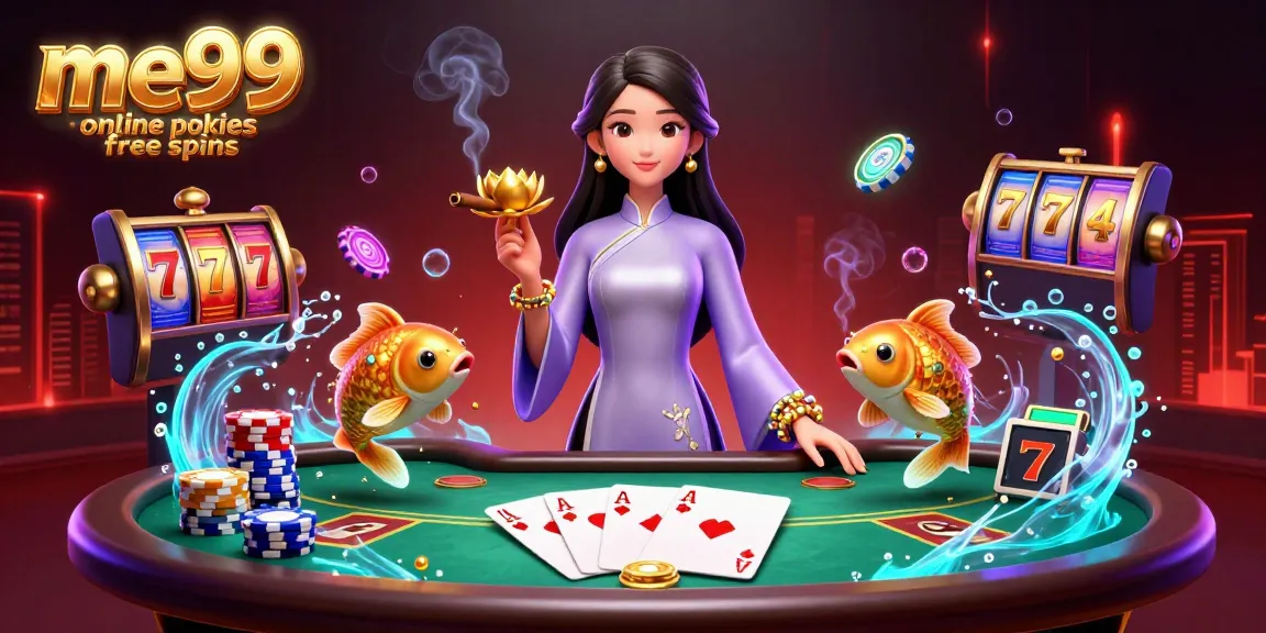 Experience exciting wins with me99 online pokies free spins in a vibrant casino setting filled with poker elements.