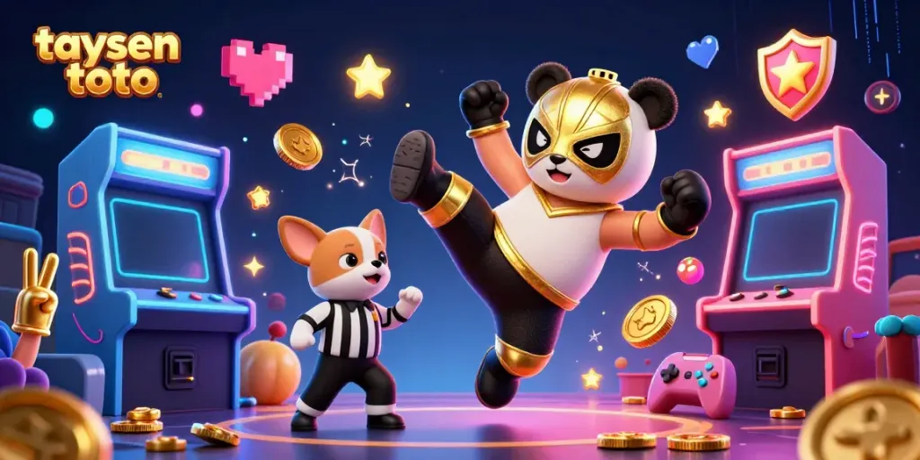 Experience the excitement of taysen toto in a vibrant animated casino scene featuring a panda wrestler and animal fans.