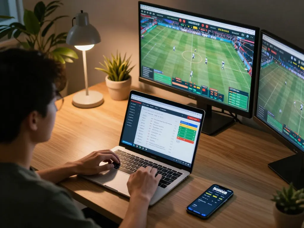 BONG88 user engaging in online sports betting, showcasing a modern setup with laptop and smartphone