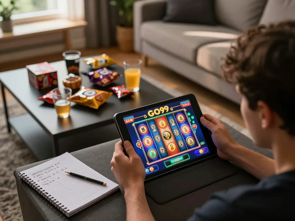 Player engaging in GO99 online gaming with tablet showcasing vibrant slot machine action