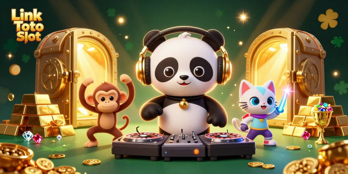 Menangkan kesenangan dalam permainan slot dengan Link Toto Slot, digambarkan dalam ilustrasi ceria casino.
