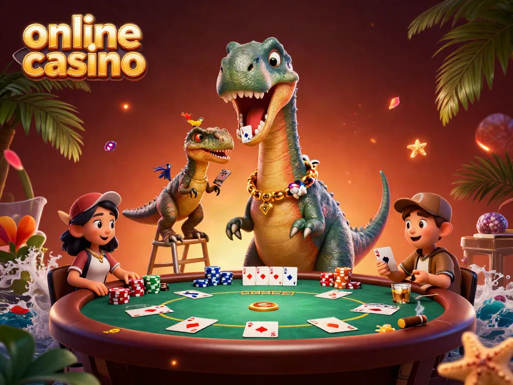 Engage in an online casino scene with a brontosaurus dealer and vibrant poker elements.