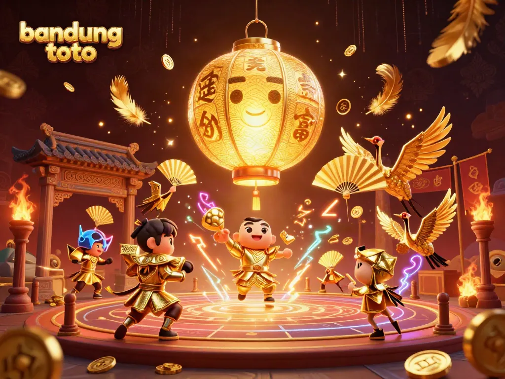 Engage with the vibrant world of bandung toto, featuring a golden lantern spirit and warriors in a dynamic casino scene.