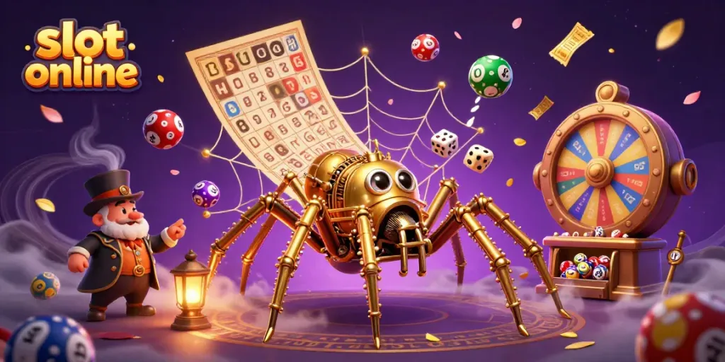 Bermain slot online dengan visual menarik dari labirin penuh simbol dan bola lotere yang melimpah.