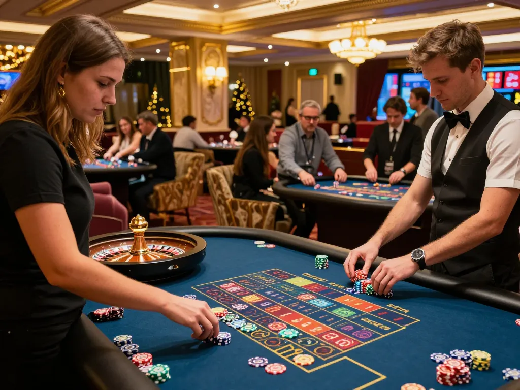 UGDEWA players enjoying a lively roulette game at a lavish casino venue with dynamic atmosphere
