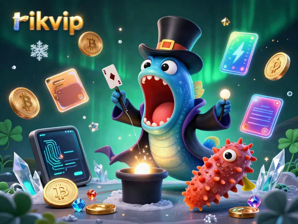 Engage with rikvip's thrilling card tricks by a bioluminescent eel in a magical underwater casino scene.