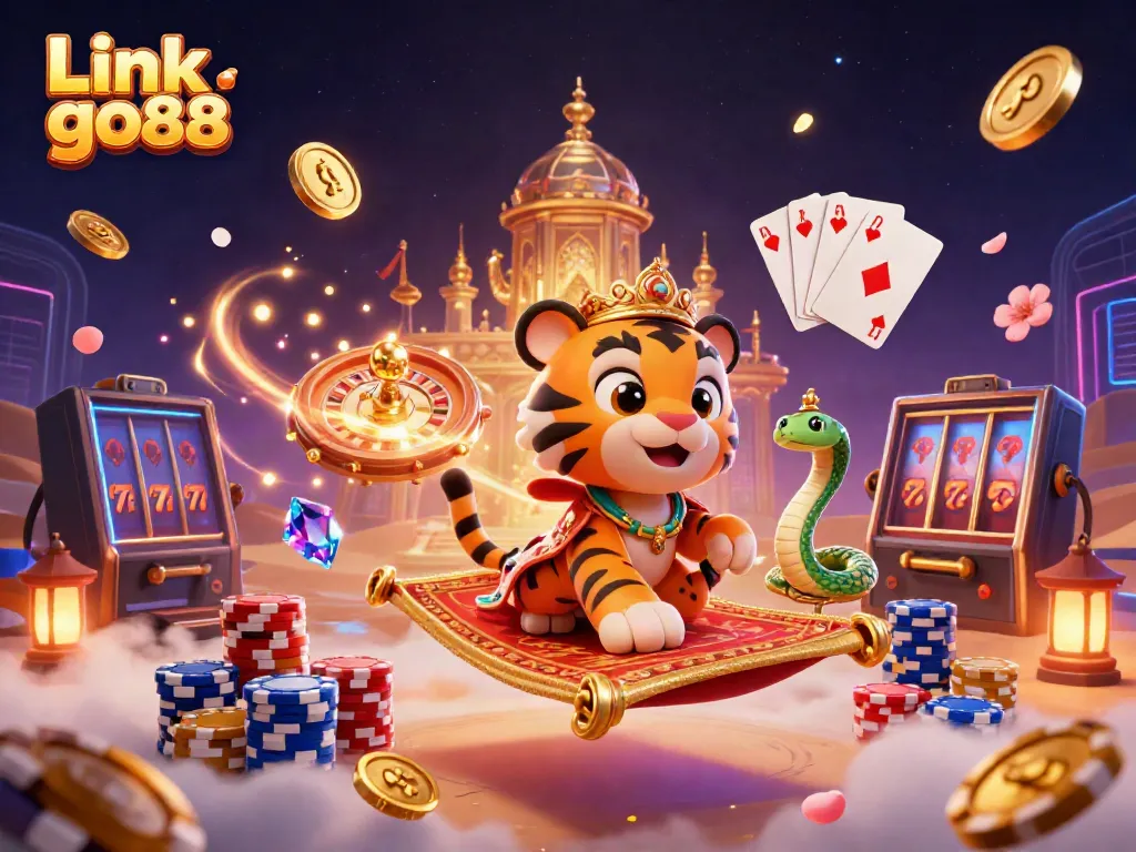 Experience the thrill of gaming with Link go88, featuring a tiger sultan on a carpet of chips.