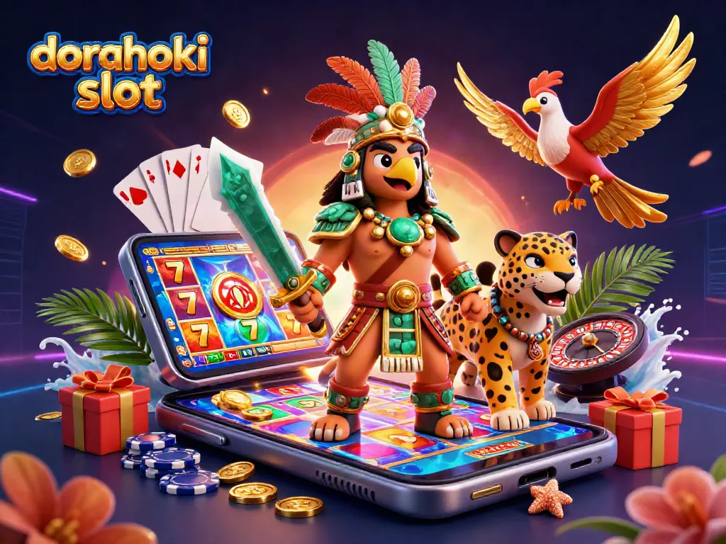 Menggandakan kemenangan pada dorahoki slot dengan simbol slot emas dan pemenang jackpot yang dramatis.