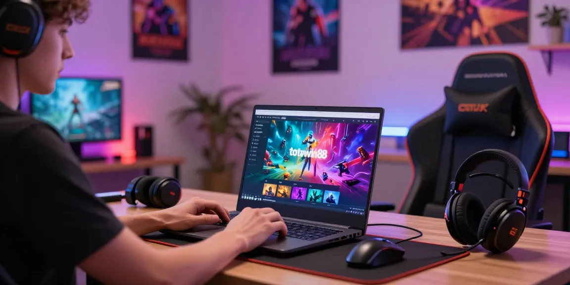 Pengguna mengakses totowin88 di laptop dalam suasana nyaman dengan aksesori gaming dan pencahayaan menarik.