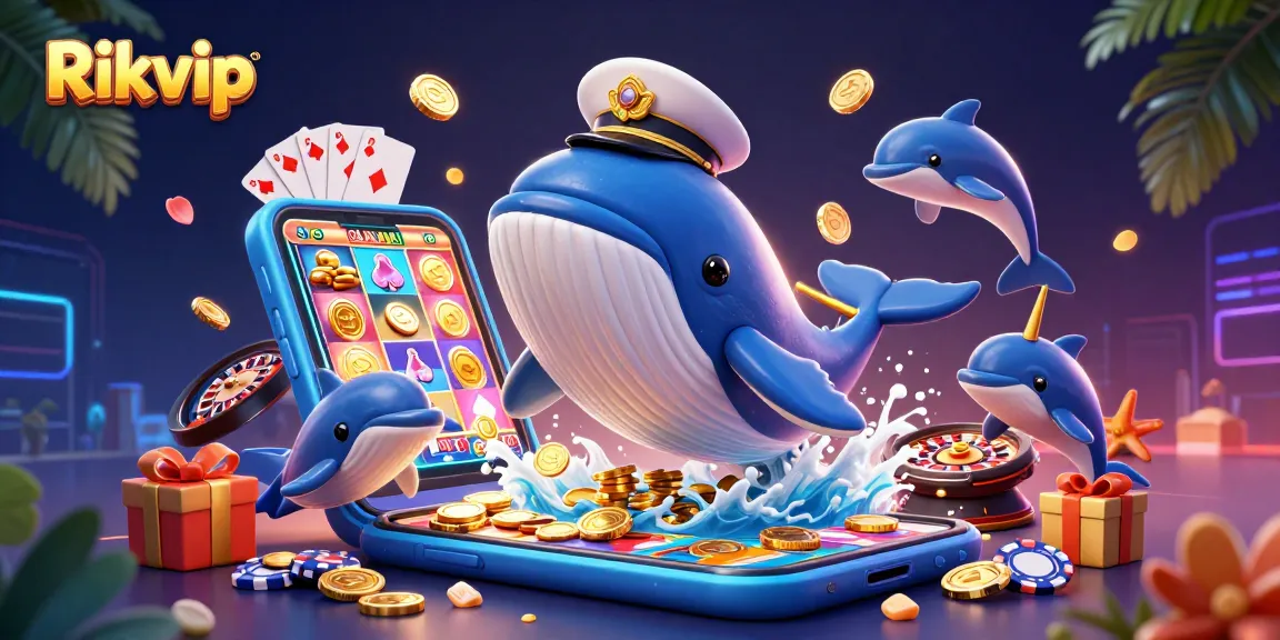 Rikvip features a captivating 3D scene with a cartoon whale and gambling elements showcasing rich casino action.