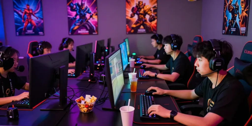 Suasana bermain game Natunatoto dengan pemain terlibat dalam kompetisi online dengan headset dan lampu LED berwarna-warni.